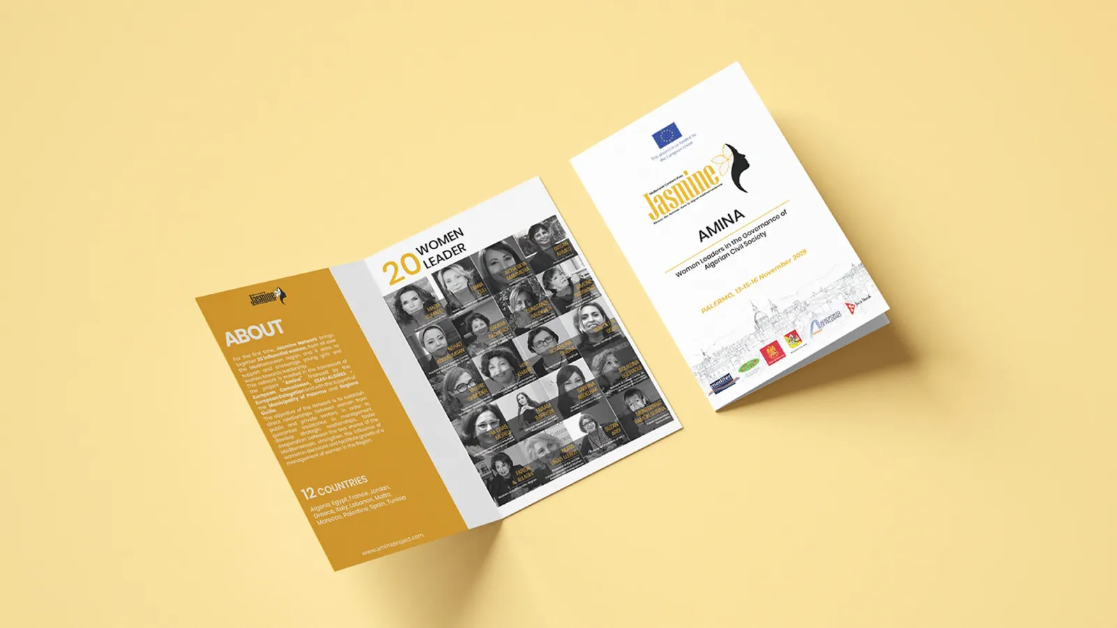 A folded brochure opened on the “20 Women Leaders” portrait page