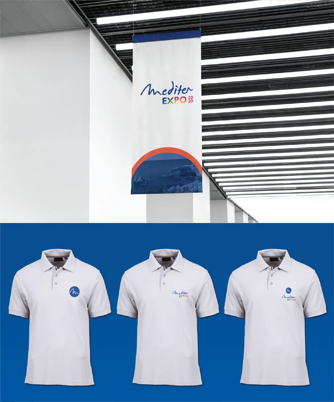 A hanging Mediter Expo banner above three white polo shirts with the logo
