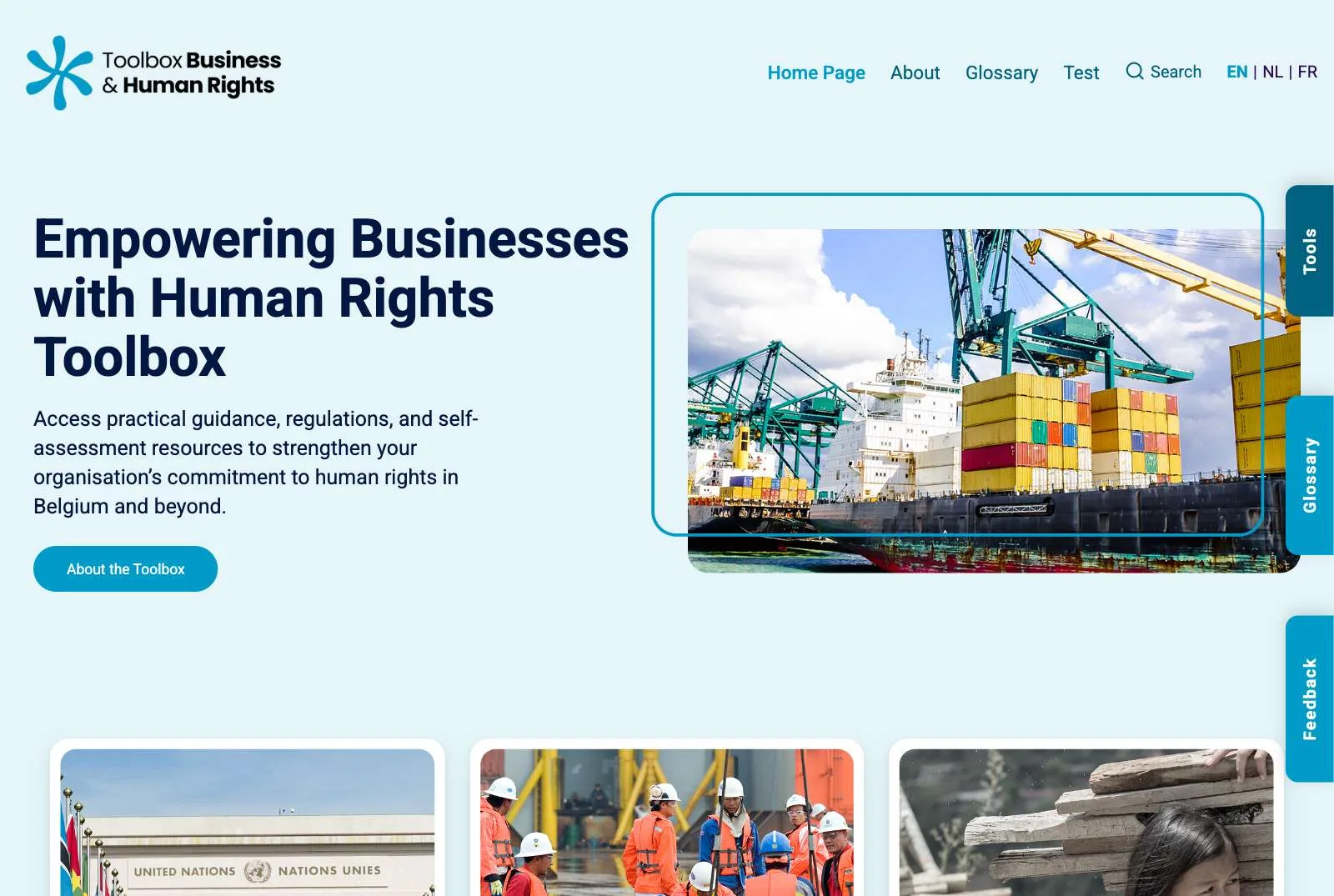 The business-humanrights.be home page: “Empowering Businesses with Human Rights Toolbox”, a container port photo, and side tabs for tools, glossary and feedback