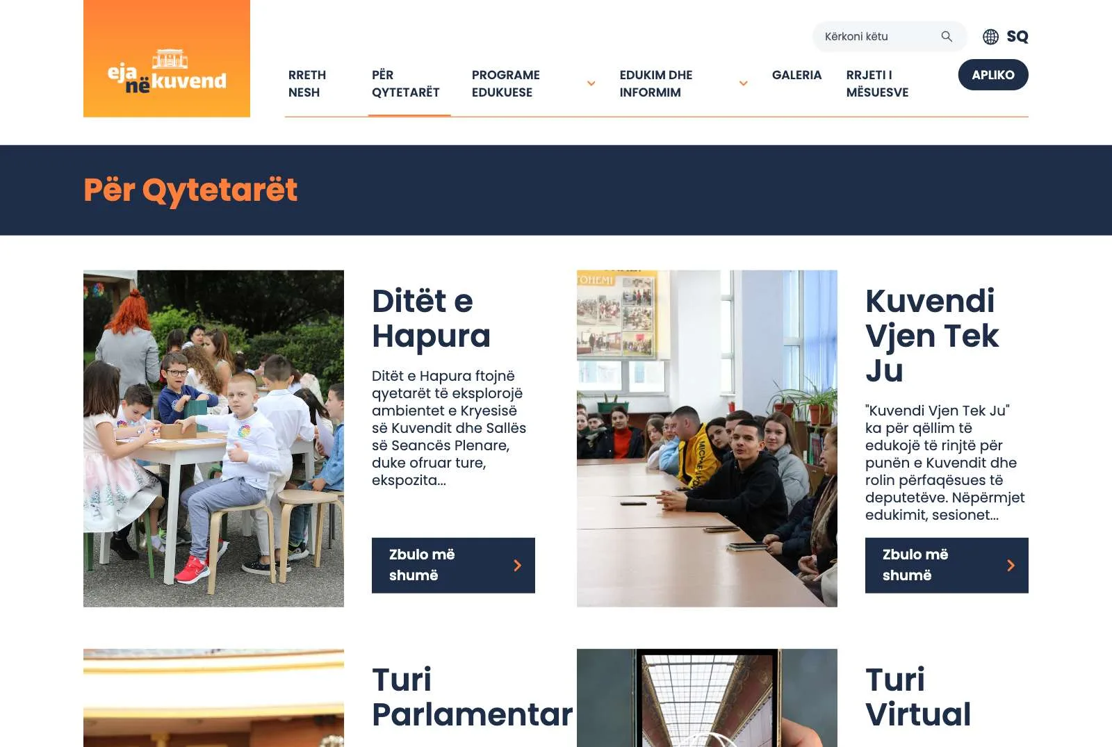 The “Për Qytetarët” (For citizens) page: Open Days, “Parliament comes to you”, parliamentary tour and virtual tour